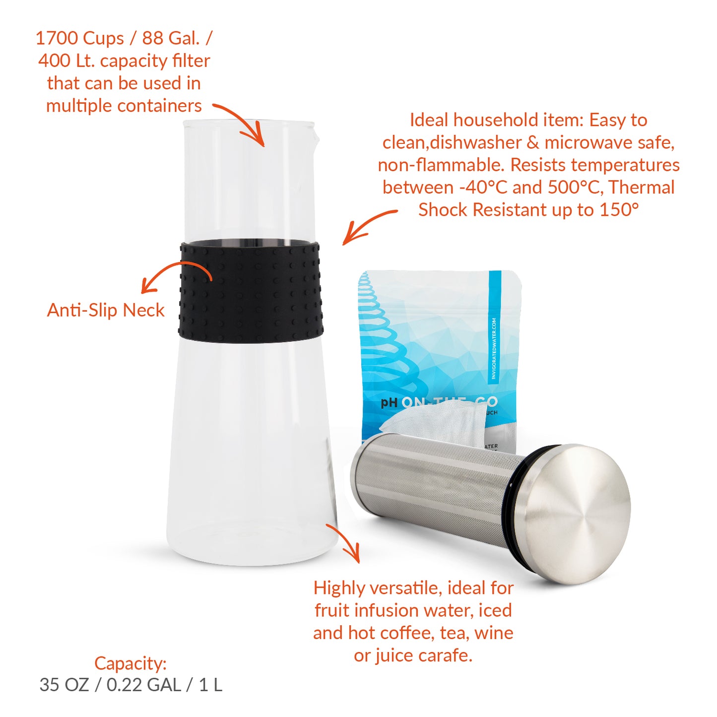pH Renew Glass Alkaline Water Filter Pitcher